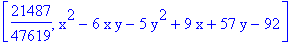[21487/47619, x^2-6*x*y-5*y^2+9*x+57*y-92]